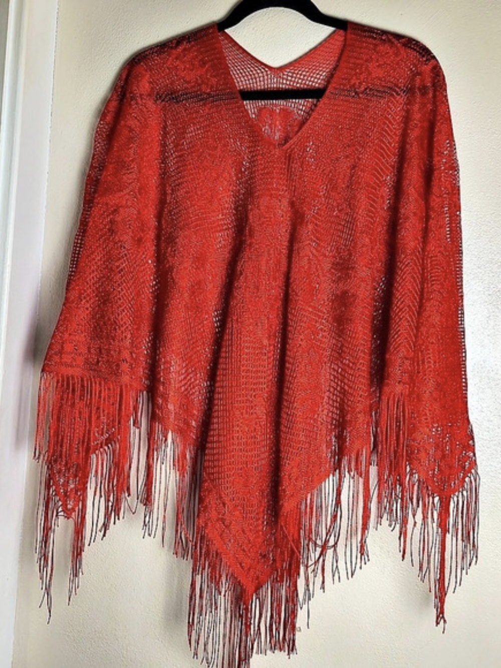 Vintage 70s Red Open Knit Lace Crochet Poncho